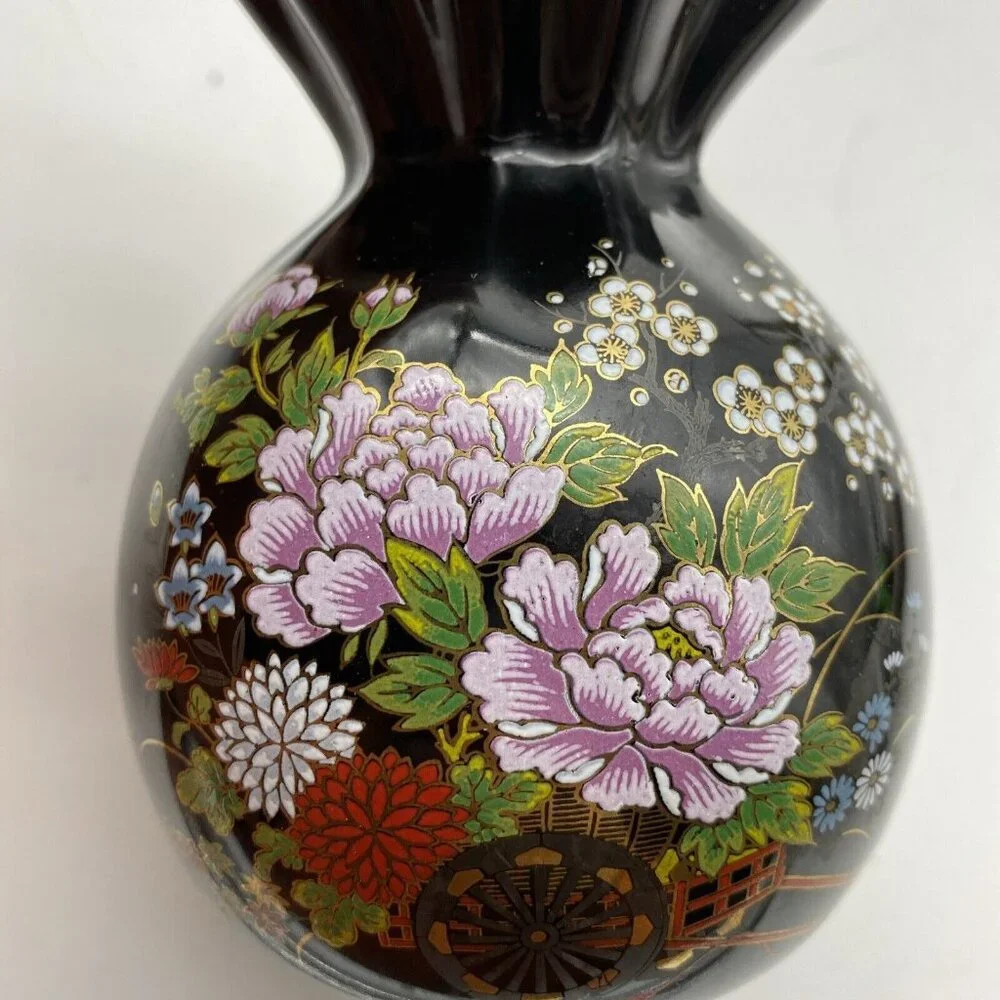 Vintage Japanese Black Floral Ceramic Vase‎ Ruffled Rim Gold Trim Cottagecore